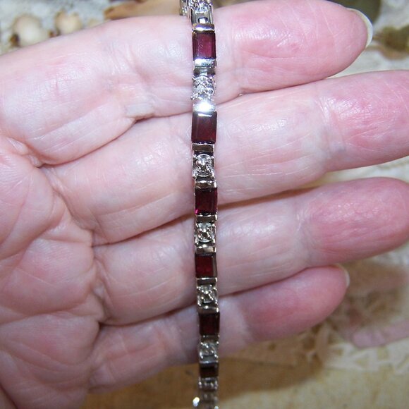 FAS Sterling Silver Garnet Diamond Tennis Bracelet - 7.25" Wearable Length - Picture 5 of 7